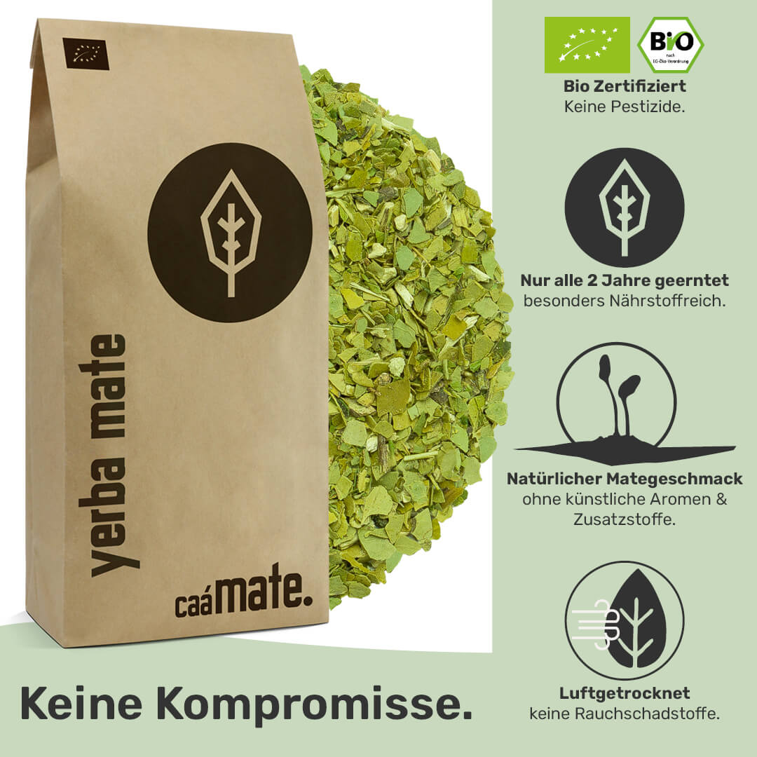 [NL]yerba mate tee bio zertifiziert nur alle zwei jahre geerntet ohne künstliche Aromen und Zusatzstoffen Luftgetrocknet