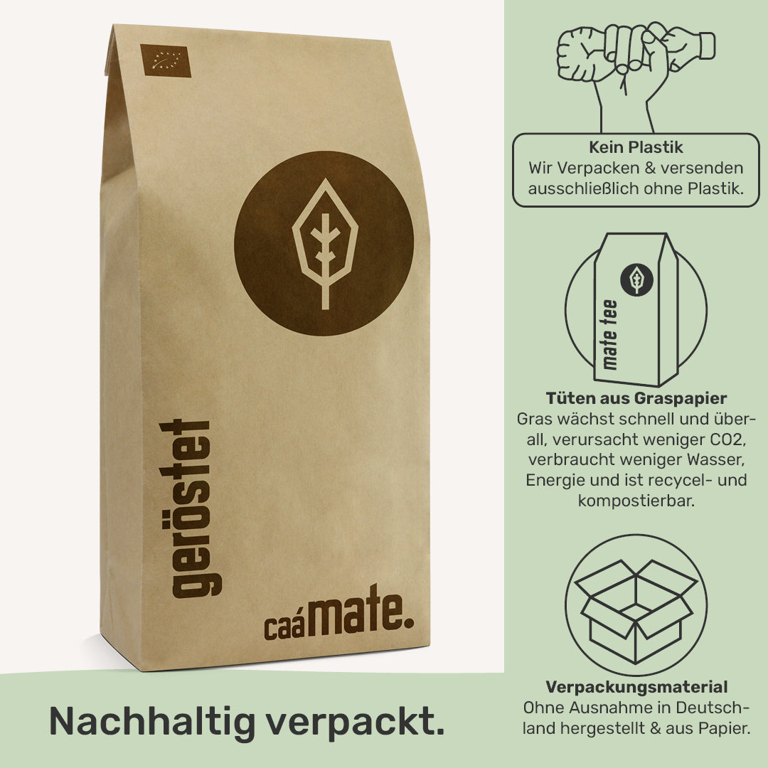 [NL]caámate geröstet Mate Tee plastikfrei verpackt nachhaltiges Verpackungsmaterial